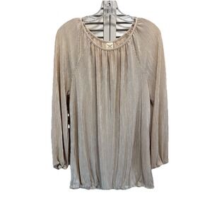 Faded Glory Shimmer Champagne Long Sleeve Pleated Blouse Size L Elastic Scoop